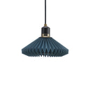 Blue pendant lamp with pleated design on a white background