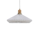 White pendant lamp with a wooden fixture on a white background