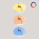 Three circular RGB light fixtures in yellow, orange, and blue on a gray background.