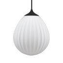Umage Around the World Glass Lampshade. A white, mouth-blown glass lampshade with a hot air balloon shape, featuring a milky white color, mounted on a black metal top