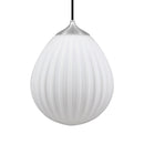 Umage Around the World Glass Lampshade. A white, mouth-blown glass lampshade with a hot air balloon shape, featuring a milky white color, mounted on a brushed steel  metal top,
