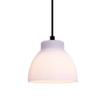 White pendant light with black cord on a white background