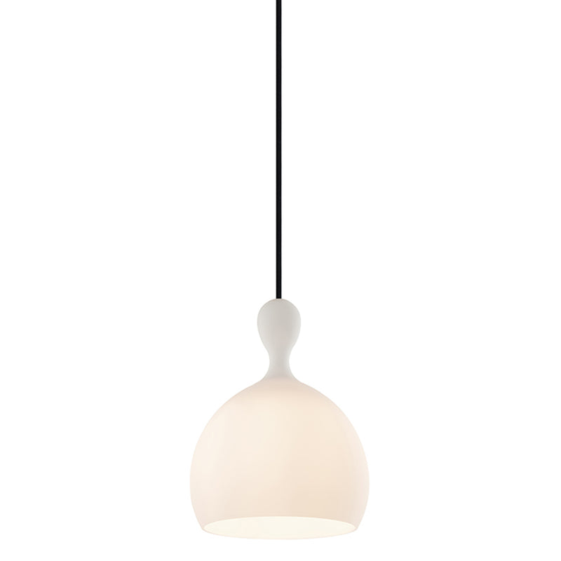White glass pendant light with a black cord on a white background