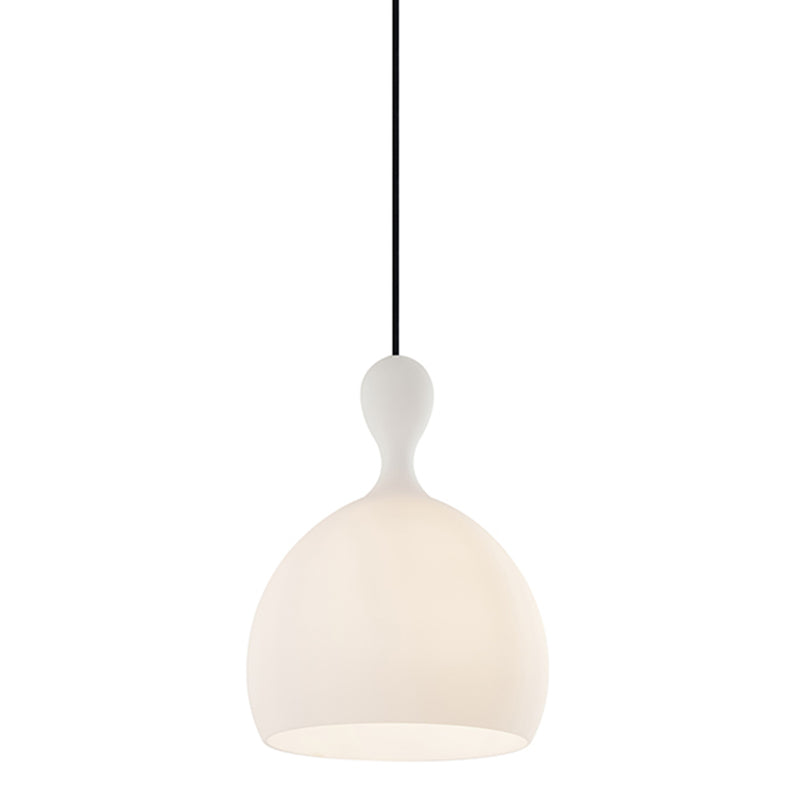 White glass pendant light with a black cord on a white background