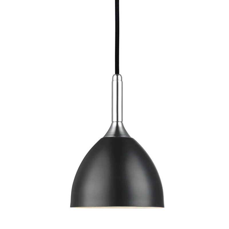 Black pendant light with silver fixture on a white background