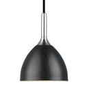 Halo Design black pendant light with silver fixture on a white background