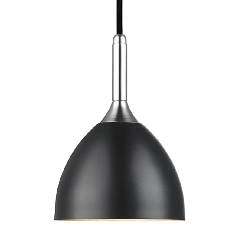 Black pendant light with silver fixture on a white background