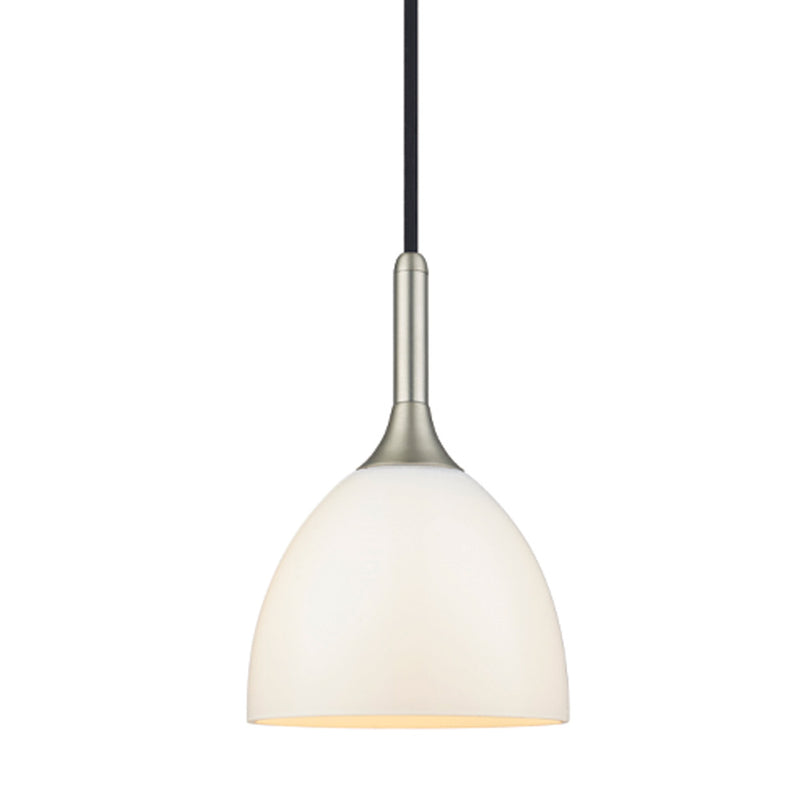 Pendant light with white glass shade and metallic fixture on a white background