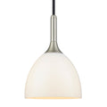 Pendant light with white glass shade and metallic fixture on a white background