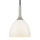 Halo Design pendant light with white glass shade and metallic fixture on a white background
