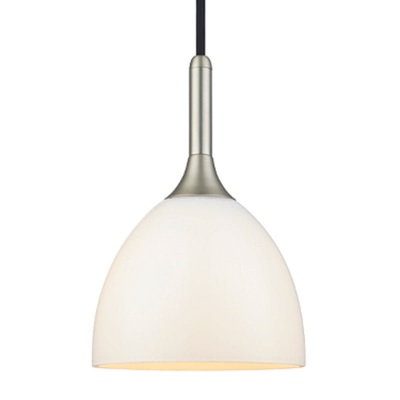 Pendant light with white glass shade and metallic fixture on a white background