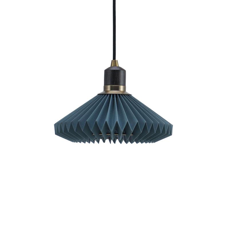 Blue pendant lamp with pleated design on a white background