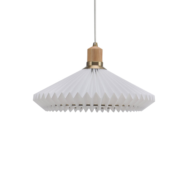 White pendant lamp with a wooden fixture on a white background