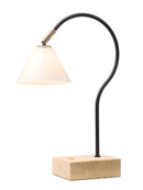 Table lamp with black弯曲arm and beige base on a white background