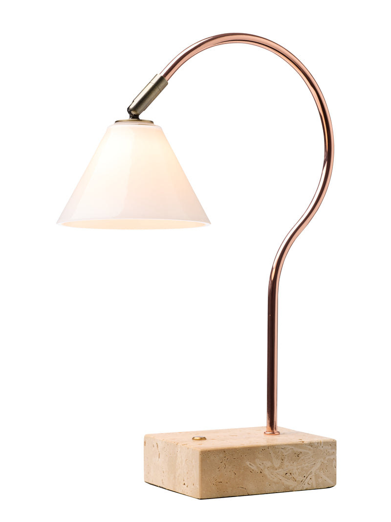 Table lamp with curved arm and stone base on a white background