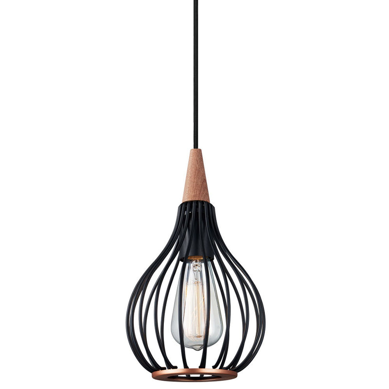 Black wire pendant light with wooden accent on a white background
