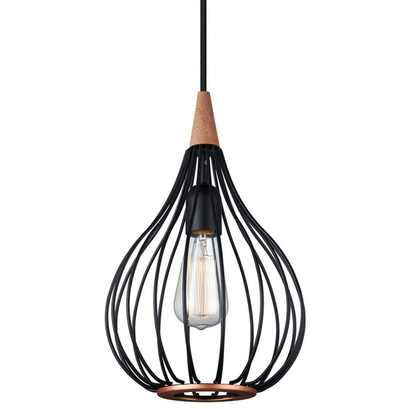 Modern pendant light with black wire cage design on a white background