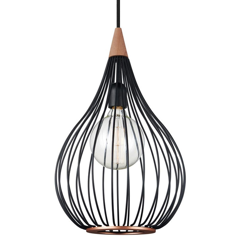 Black wire pendant light with a wooden base on a white background
