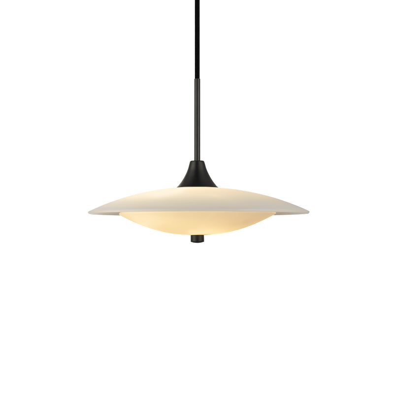 Pendant light with a white shade and black fixture on a white background
