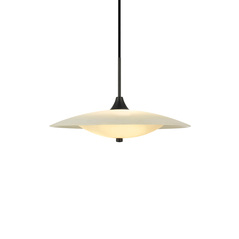 Pendant light with a white shade and black fixture on a white background