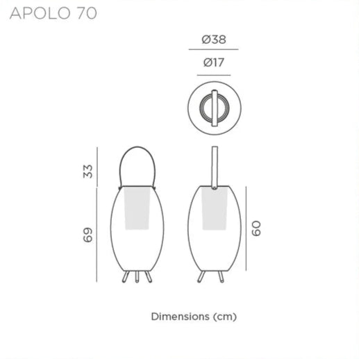 Dimensions of a product labeled 'Apolo 70' on a white background