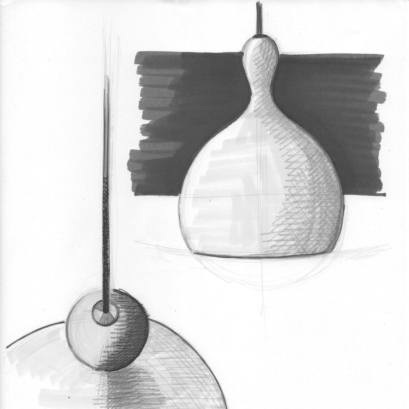 Black and white drawing of a textured vase and circular object on a white background