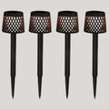 Four black outdoor solar lights with perforated design on a light gray background, featuring a recycling symbol.
