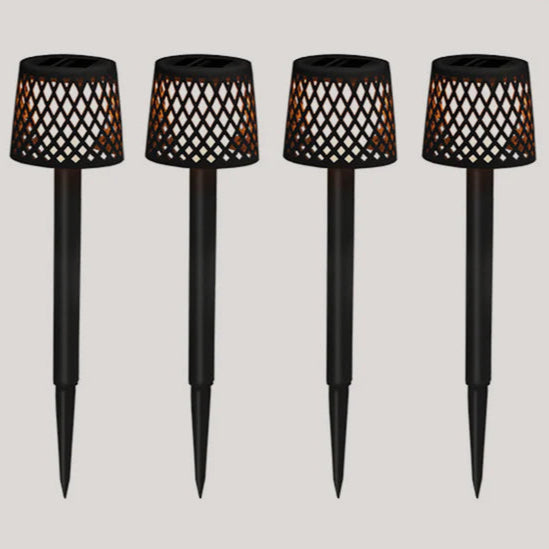 Four black outdoor solar lights with perforated design on a light gray background, featuring a recycling symbol.