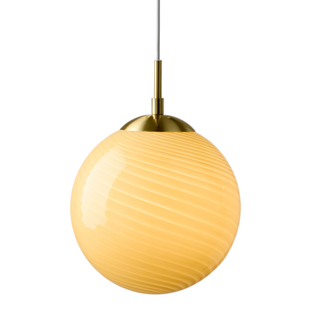 Halo Design Candy Ball Yellow Globe pendant light with gold fixture on a white background