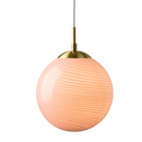 Rose coloured Halo Design Candy Ball pendant light with brass coloured fixture on a white background