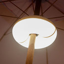Close-up of a lamp with a wooden base and white shade against a neutral background