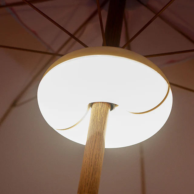 Close-up of a lamp with a wooden base and white shade against a neutral background