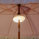 Close-up of a pink patio umbrella with a light fixture underneath