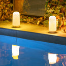 Two illuminated outdoor lights reflected in a pool with plants in the background