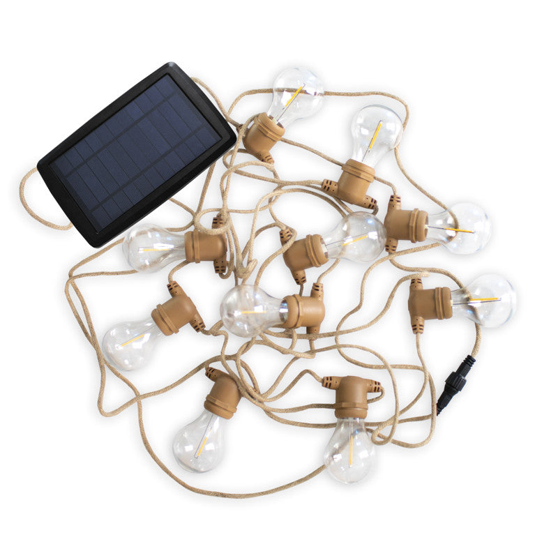 String of light bulbs with solar panel on a white background