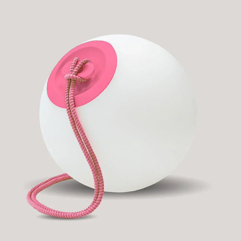 White ball with a pink suction cup and rope on a light gray background