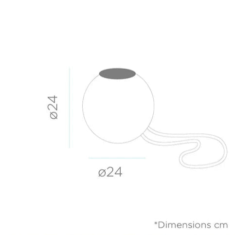 Diagram showing a spherical object with dimensions labeled in centimeters on a white background.