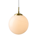 Spherical pendant light called Candy Ball  by Halo Design. Hand Blown Glass Light with  brass fixture on a white background