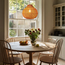 Thatch Jar Rattan  Lampshade above a wooden dining table