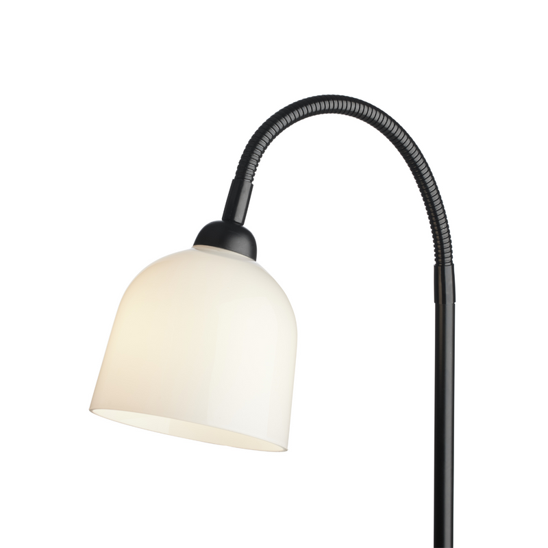 Floor lamp with white shade and black adjustable neck on a white background