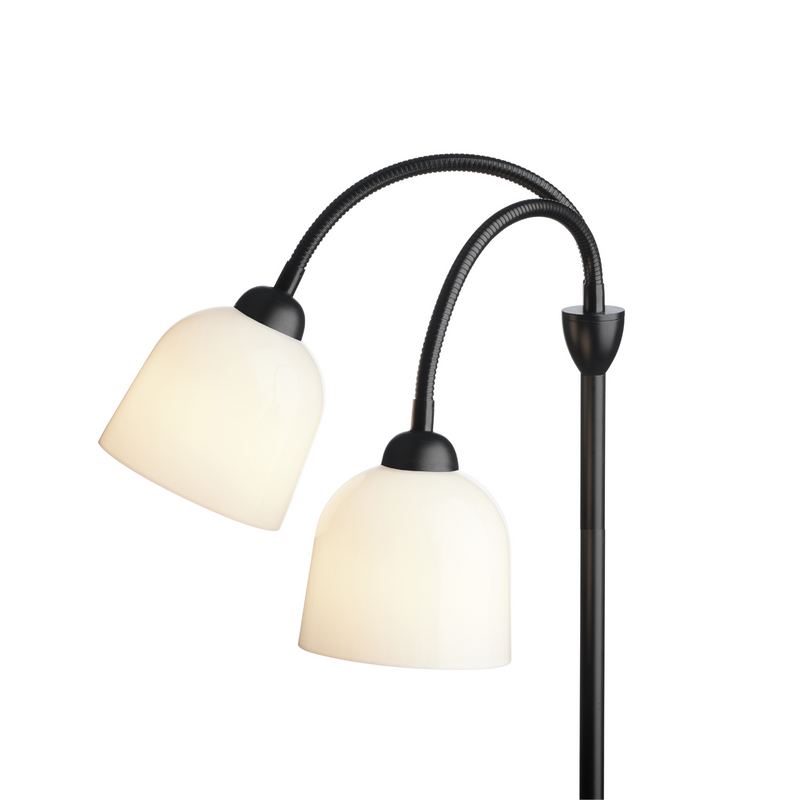 Floor lamp with two white lampshades on a white background
