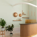 A sleek modern Kitchen with plants and pale green walls showcasing the Clava Wall Lights by Umage