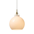 Halo Design Toscana pendant light in opal, medium 27cm milky glass globe with antique brass detail on white background