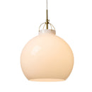 Halo Design Toscana pendant light in opal, large 36cm milky glass sphere with antique brass fitting on white background