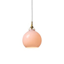 Halo Design Toscana pendant light in rose, small 18cm pastel pink glass sphere with antique brass fitting on white background