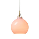 Halo Design Toscana pendant light in rose, medium 27cm pastel pink glass globe with antique brass fitting on white background