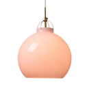 Halo Design Toscana pendant light in rose, large 36cm pastel pink glass sphere with antique brass fitting on white background