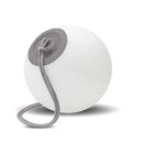 White spherical light with grey top and rope, on a white background. Portable light that is rechargeable