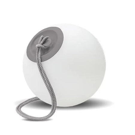 White spherical object with gray top and rope, on a white background