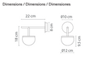 Robin Lamps Roi single arm wall light dimensions diagram showing 22cm arm length, 18cm total height, Ø12cm glass shade and 9.5cm wall projection